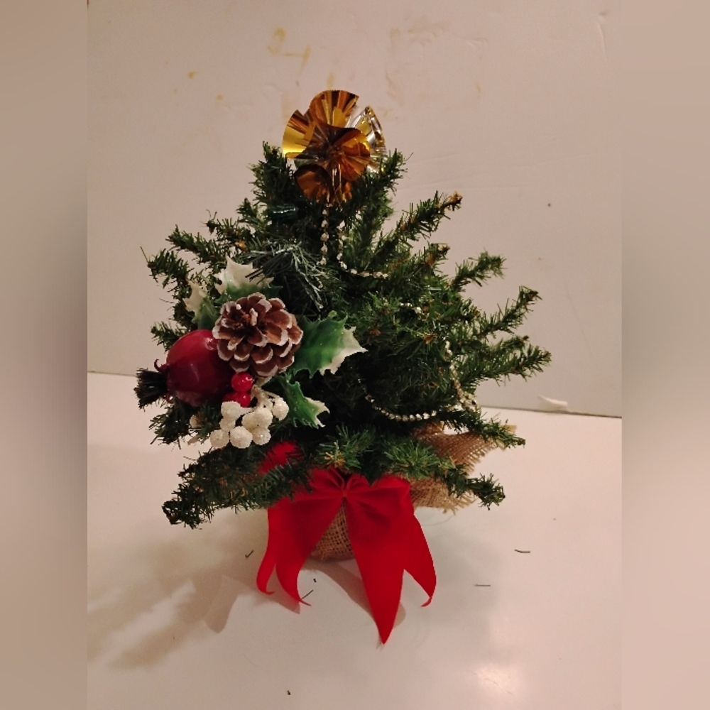 Festive Mini Christmas Tree with Red Bow In Burlap Sac